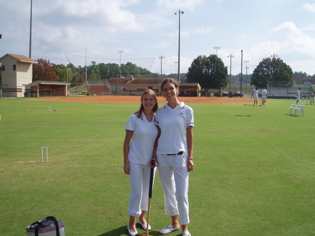 Georgetown Universitys star varsity croquet players in action, Katie and Allie
